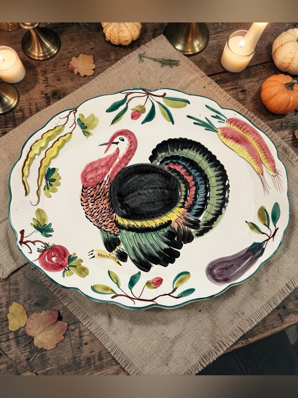 VTG Italian Hand-Painted Ceramic Turkey Platter Large Thanksgiving Serving Dish